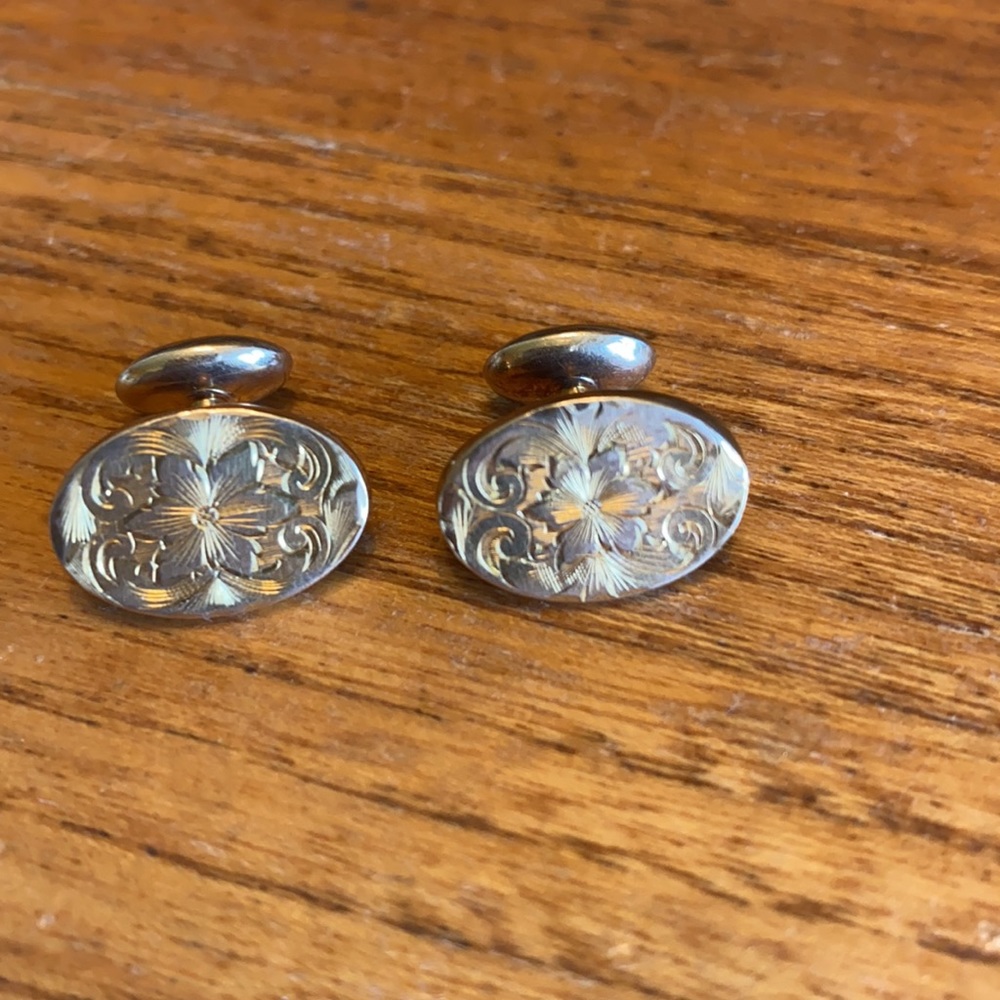 VTG oval gold plated floral bean back cuff links - Picture 2 of 7